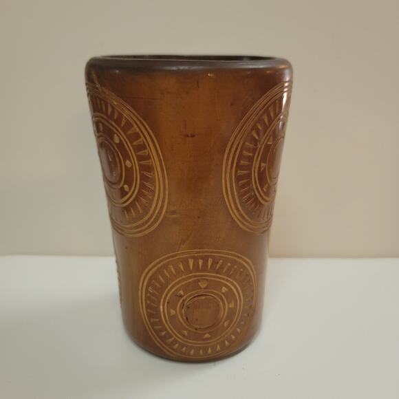 Wood vase brush cutlery holder Handmade carved turned tribal design 7" Organic - Picture 2 of 5